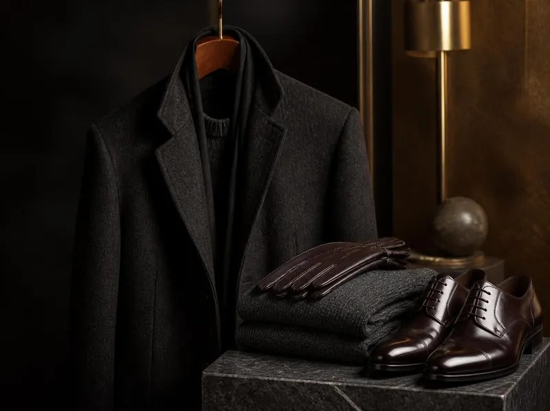 A tailored charcoal wool coat, cashmere knit, leather gloves and polished oxford shoes on a dark stone plinth